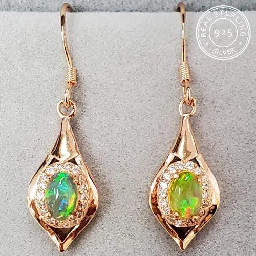 0.60 CT AUSTRALIAN FIRE OPAL & CREATED WHITE SAPPHIRE 925 STERLING SILVER DANGLE EARRINGS