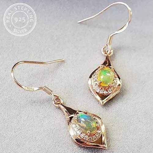 0.60 CT AUSTRALIAN FIRE OPAL & CREATED WHITE SAPPHIRE 925 STERLING SILVER DANGLE EARRINGS