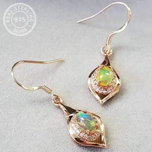 0.60 CT AUSTRALIAN FIRE OPAL & CREATED WHITE SAPPHIRE 925 STERLING SILVER DANGLE EARRINGS