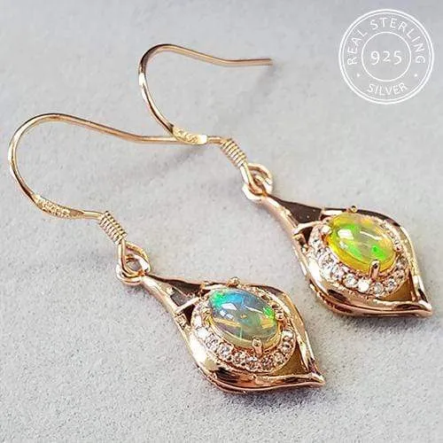 0.60 CT AUSTRALIAN FIRE OPAL & CREATED WHITE SAPPHIRE 925 STERLING SILVER DANGLE EARRINGS