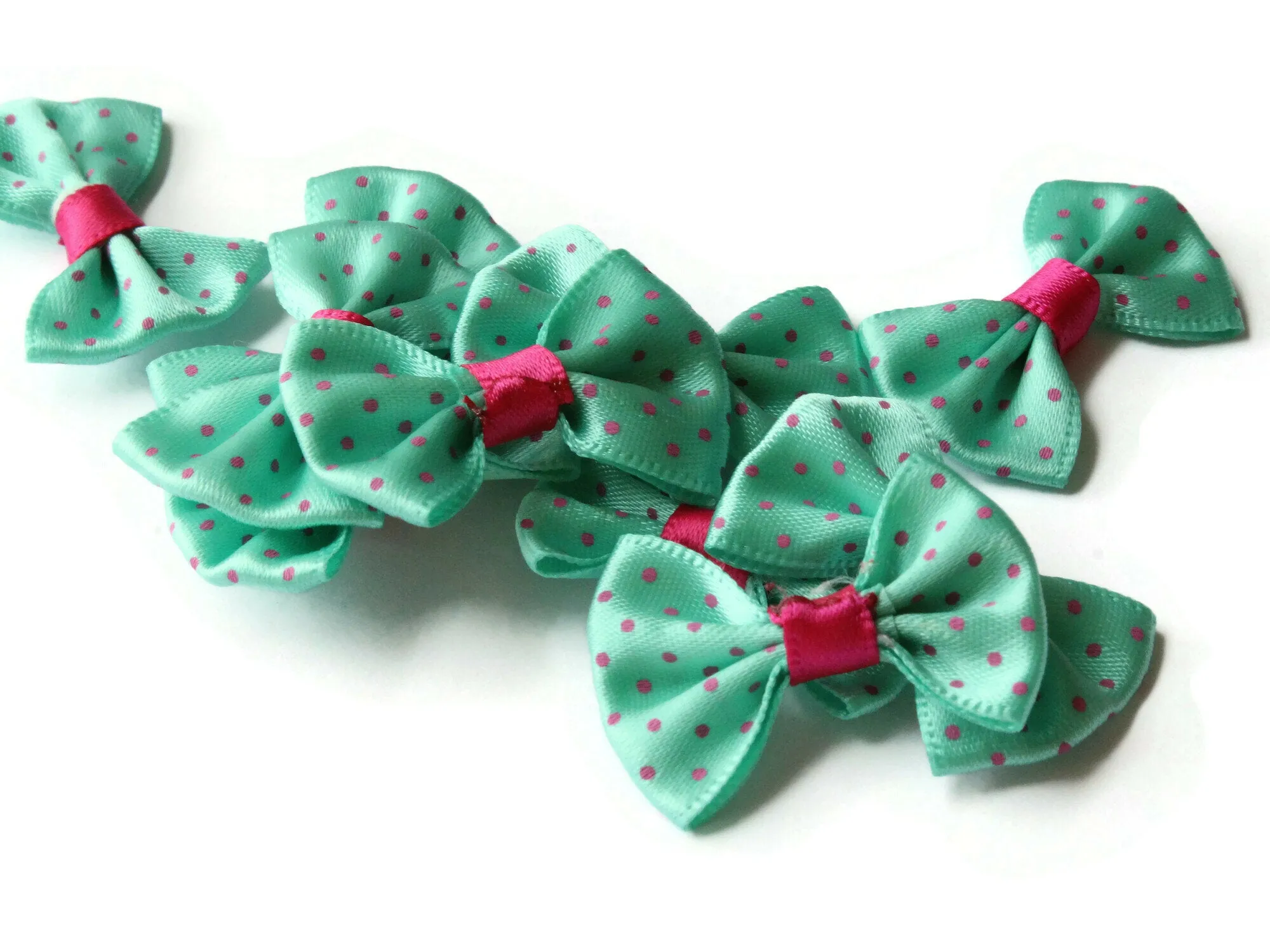 10 35mm Turquoise Green and Pink Polka Dot Bows - Loose Bow Embellishments