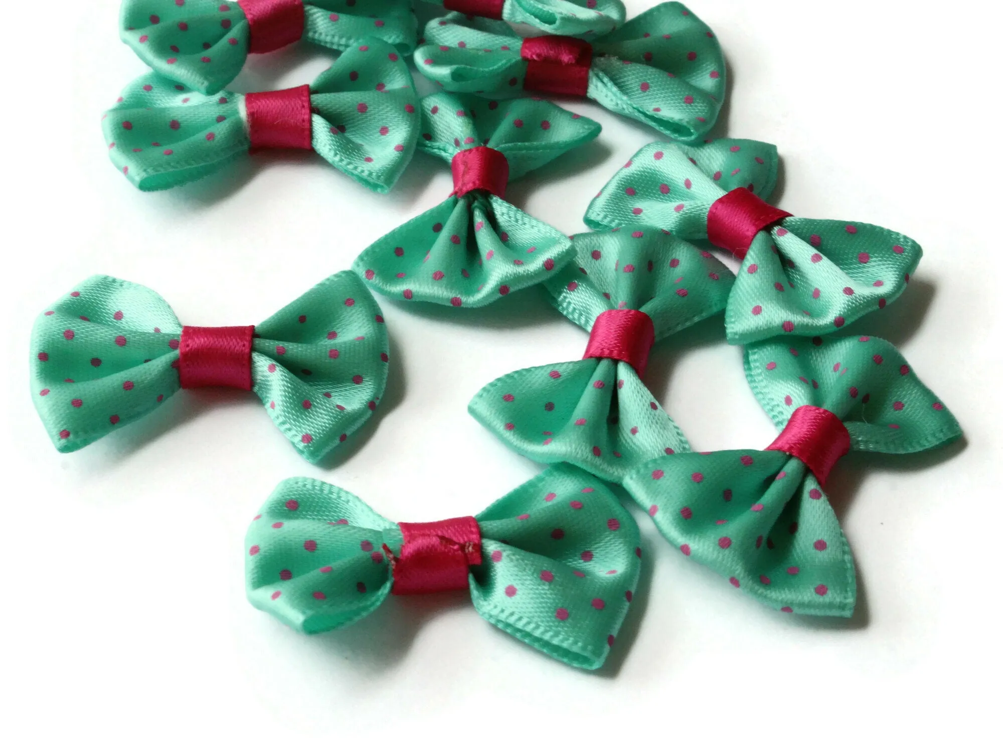 10 35mm Turquoise Green and Pink Polka Dot Bows - Loose Bow Embellishments