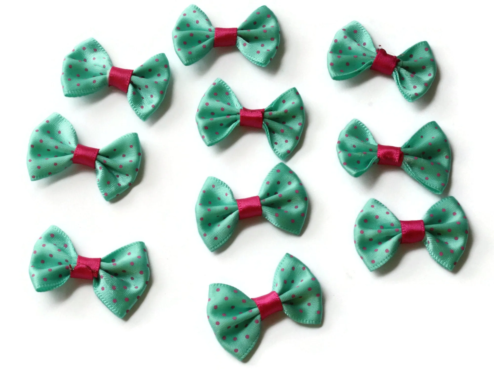 10 35mm Turquoise Green and Pink Polka Dot Bows - Loose Bow Embellishments