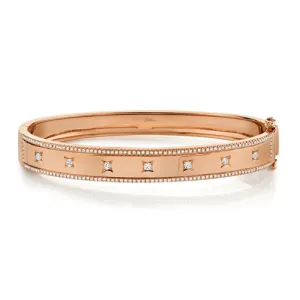14K Rose Gold Diamond Border   Square Accent Wide Bangle