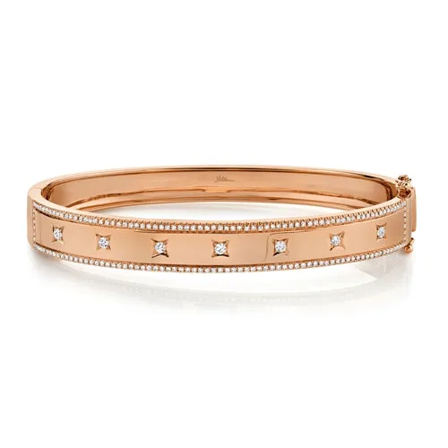 14K Rose Gold Diamond Border   Square Accent Wide Bangle