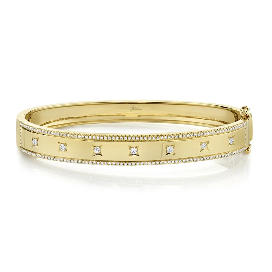 14K Rose Gold Diamond Border   Square Accent Wide Bangle