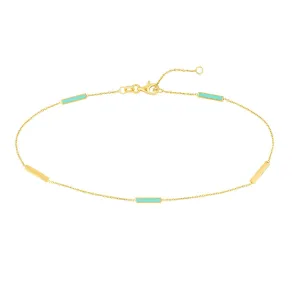 14K Yellow Gold Lt Turquoise Enamel Alternating Bar Anklet