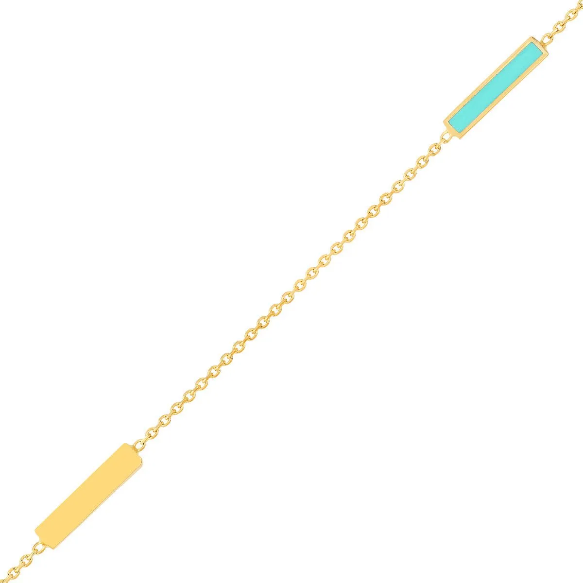 14K Yellow Gold Lt Turquoise Enamel Alternating Bar Anklet