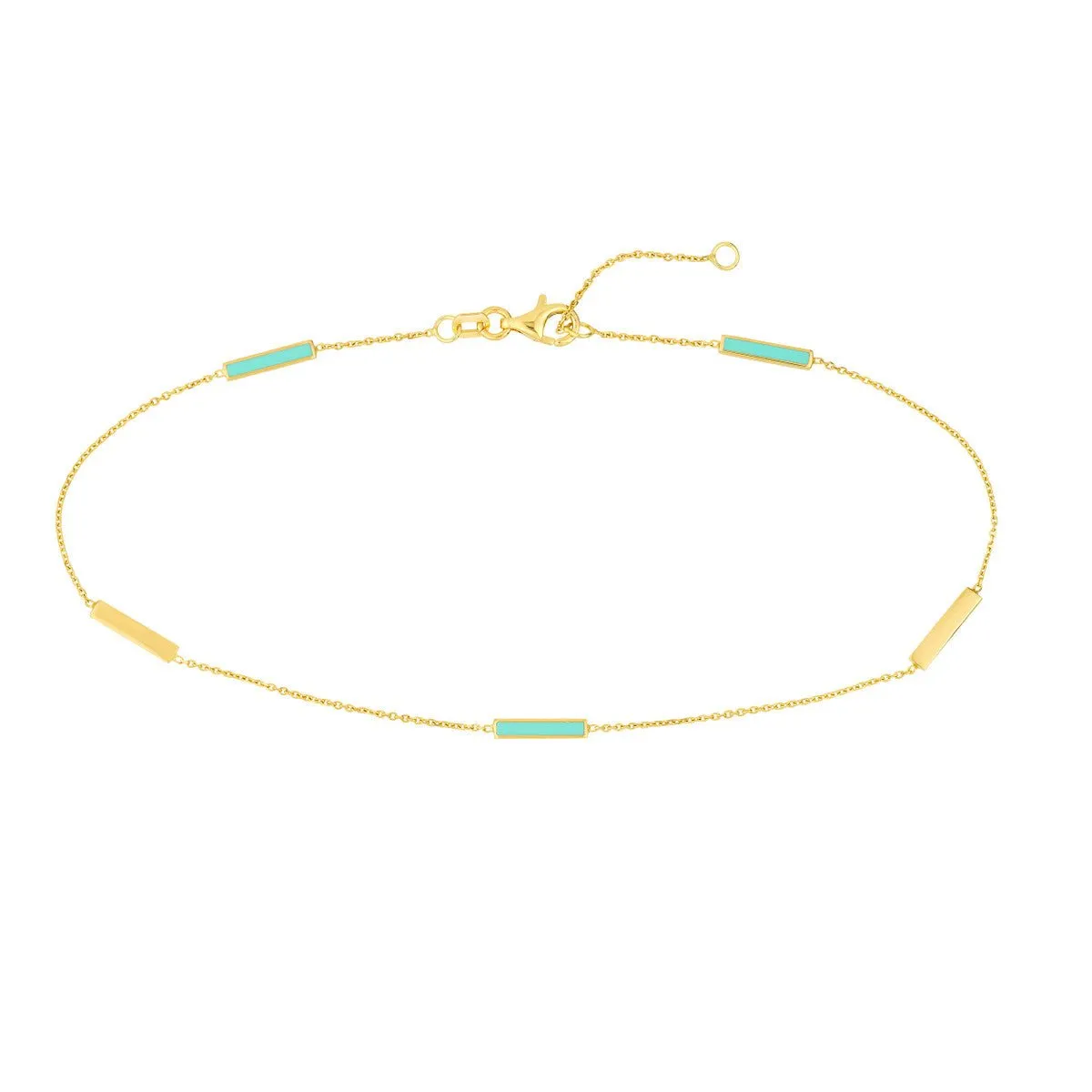 14K Yellow Gold Lt Turquoise Enamel Alternating Bar Anklet
