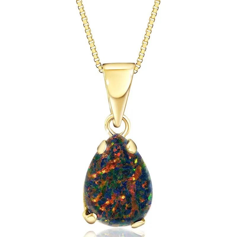 14K Yellow Gold Teardrop Black Opal Vencie Chain 7X10mm Pendant