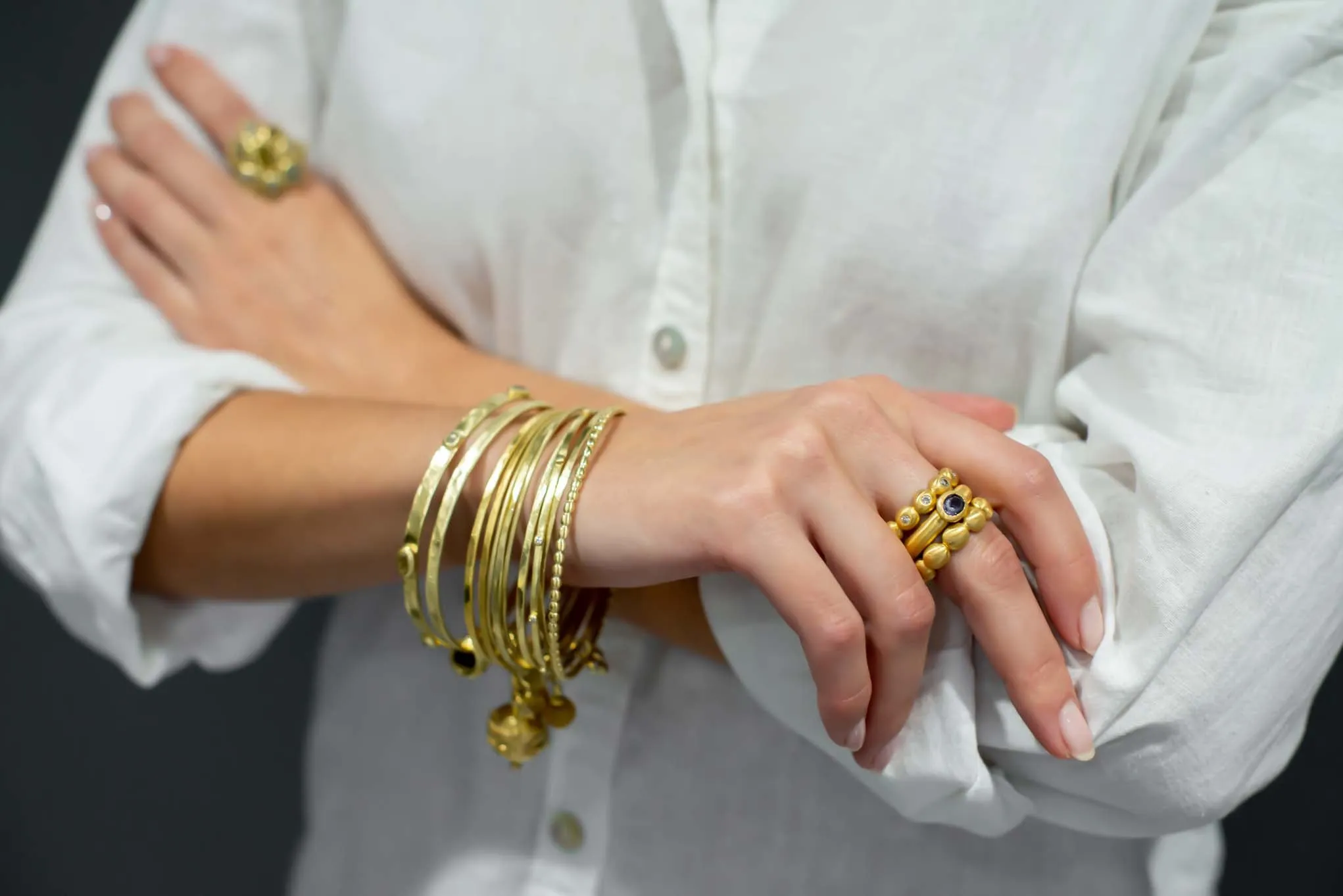 18 Karat Gold Diamond Granulation Bead Bangle - sold individually