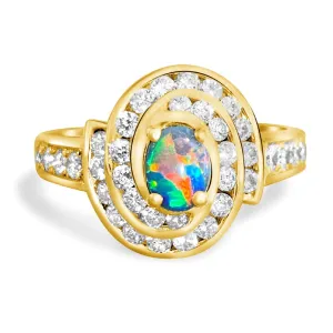18kt Yellow Gold cluster Black Opal 0.3 Diamonds 0.44 ring