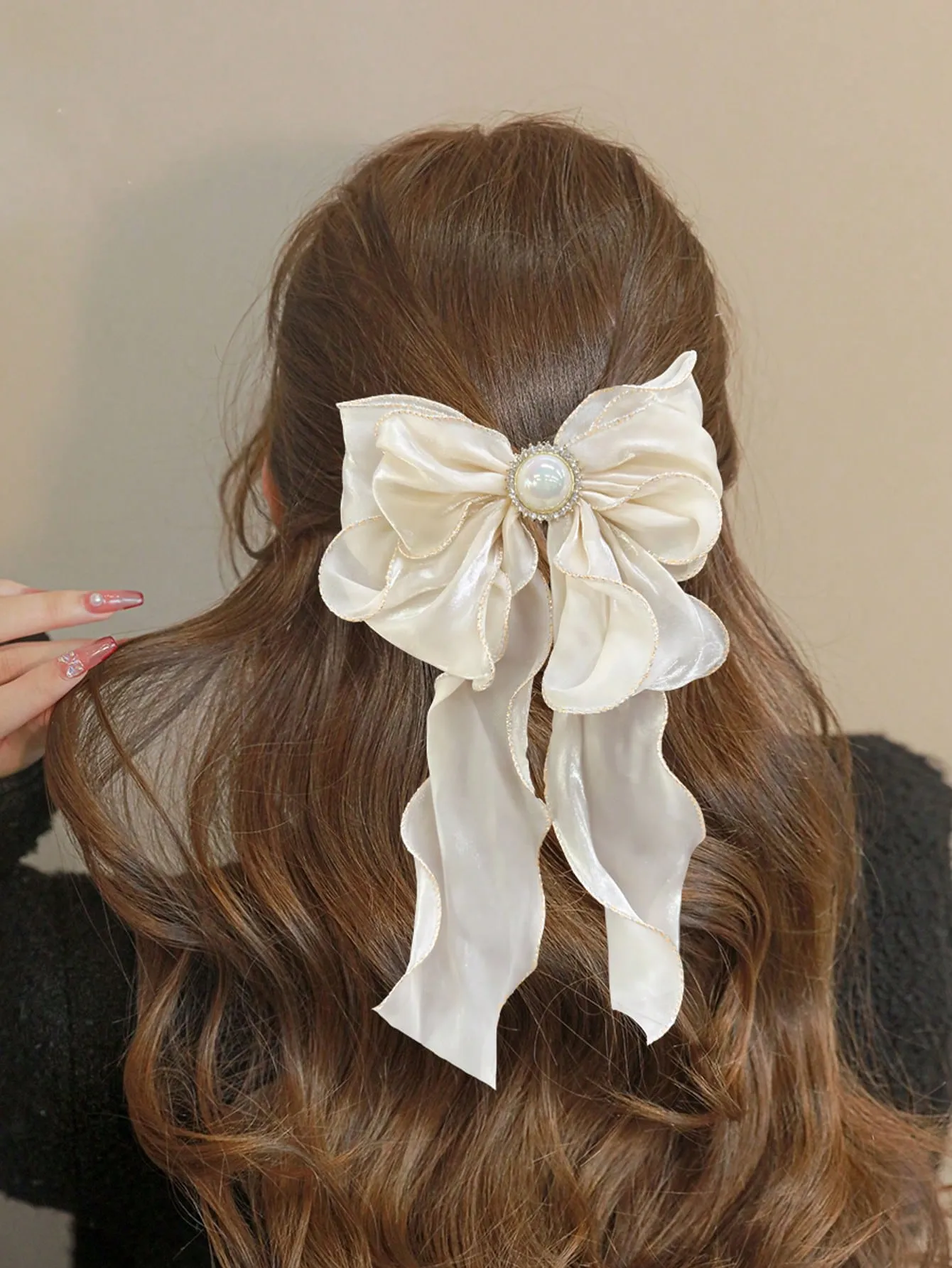 1pc Pearl & Bow Decor Large French Clip for Women Barrette Styling Hair