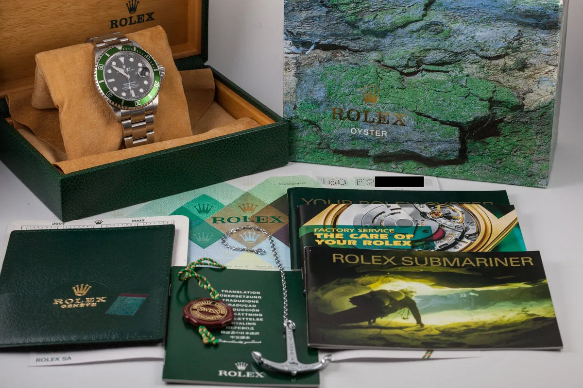 2003 Rolex Green Submariner 16610LV Mark 1 dial and Flat 4 Bezel with Box and Papers