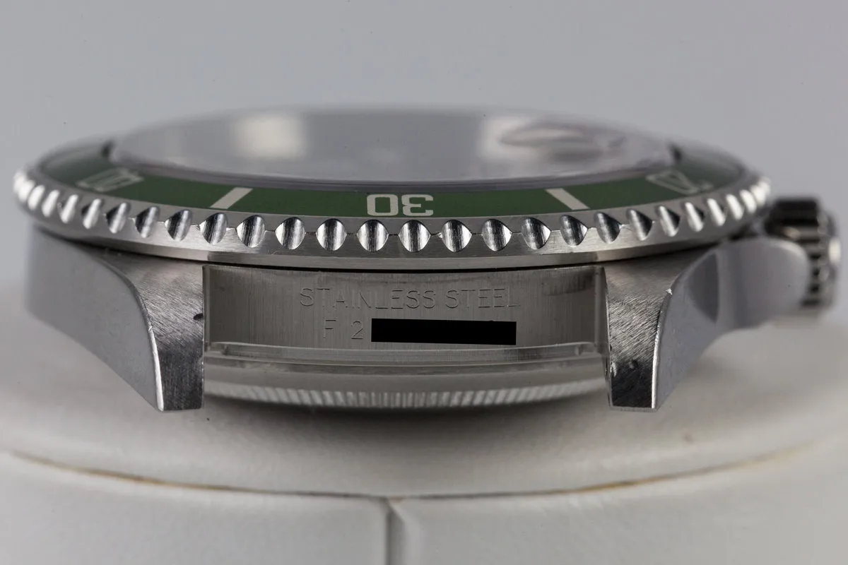 2003 Rolex Green Submariner 16610LV Mark 1 dial and Flat 4 Bezel with Box and Papers