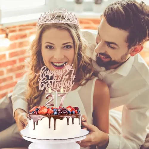 27th Birthday Decorations for Women Including 27th Birthday Sash and Tiara for Women, 27th Birthday Candles and Cake Topper, Rose Gold 27th Birthday Gifts for Women Birthday Decorations Favor Supplies