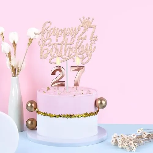 27th Birthday Decorations for Women Including 27th Birthday Sash and Tiara for Women, 27th Birthday Candles and Cake Topper, Rose Gold 27th Birthday Gifts for Women Birthday Decorations Favor Supplies