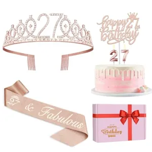 27th Birthday Decorations for Women Including 27th Birthday Sash and Tiara for Women, 27th Birthday Candles and Cake Topper, Rose Gold 27th Birthday Gifts for Women Birthday Decorations Favor Supplies