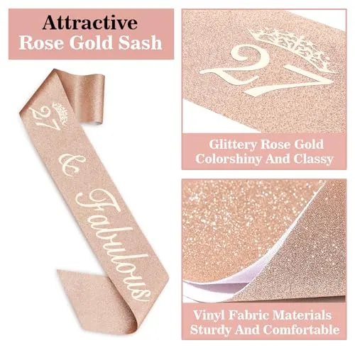 27th Birthday Decorations for Women Including 27th Birthday Sash and Tiara for Women, 27th Birthday Candles and Cake Topper, Rose Gold 27th Birthday Gifts for Women Birthday Decorations Favor Supplies