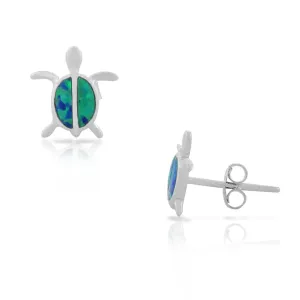 925 Sterling Silver Blue Turquoise-Tone Simulated Opal Small Turtle Womens Girls Stud Earrings