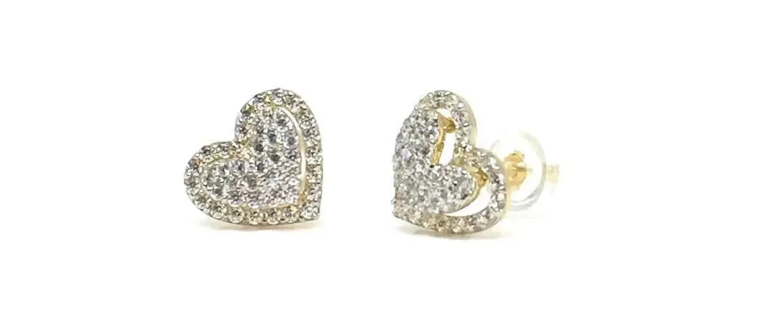 ADIRFINE 10K Solid Gold Cubic Zirconia Heart Stud Earrings