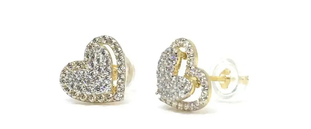ADIRFINE 10K Solid Gold Cubic Zirconia Heart Stud Earrings