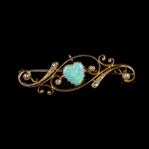 Antique Victorian Opal Diamond Heart Brooch 18Ct Gold Circa 1900