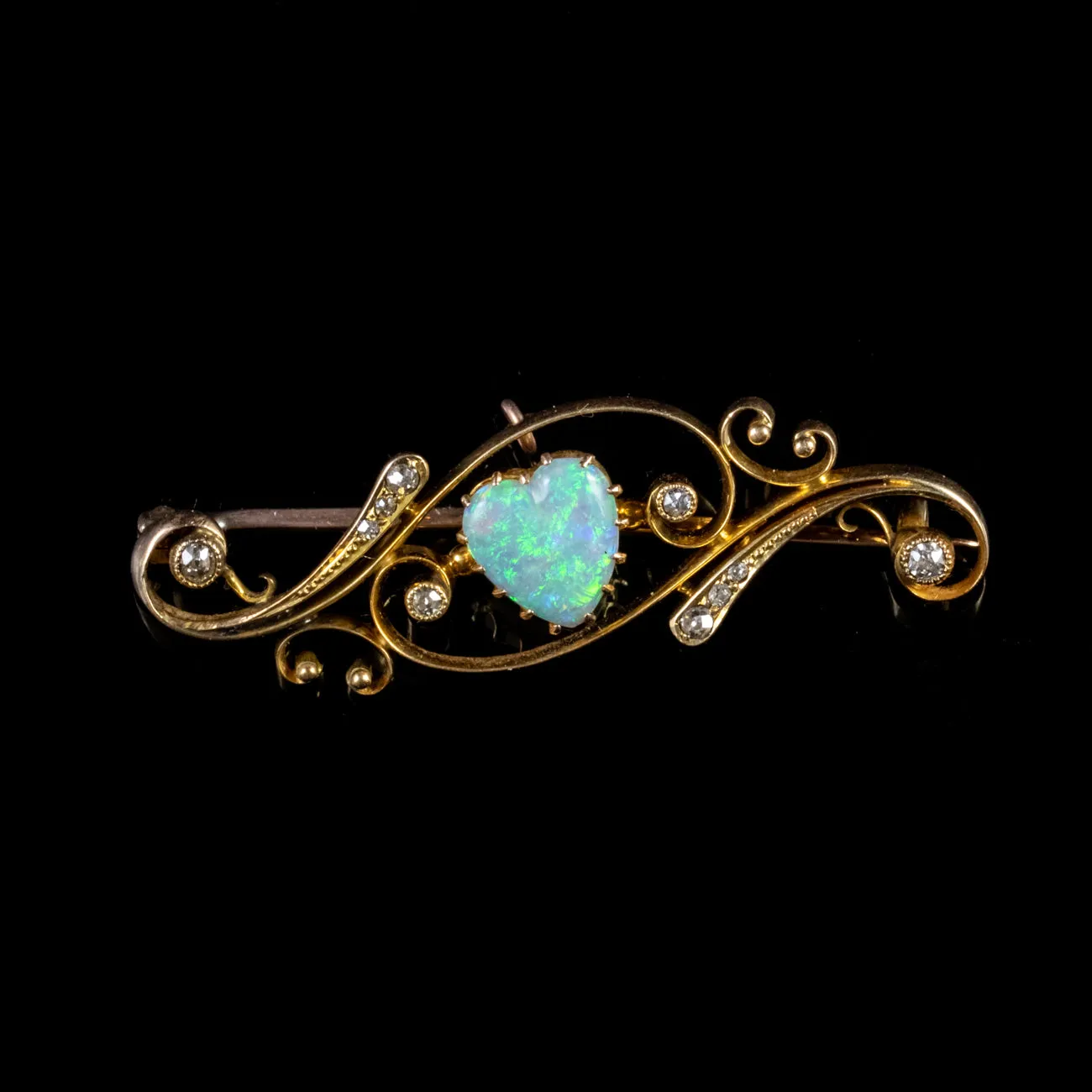 Antique Victorian Opal Diamond Heart Brooch 18Ct Gold Circa 1900