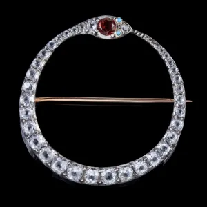 Antique Victorian Snake Brooch Silver Gold Fire Opal Paste Circa 1850
