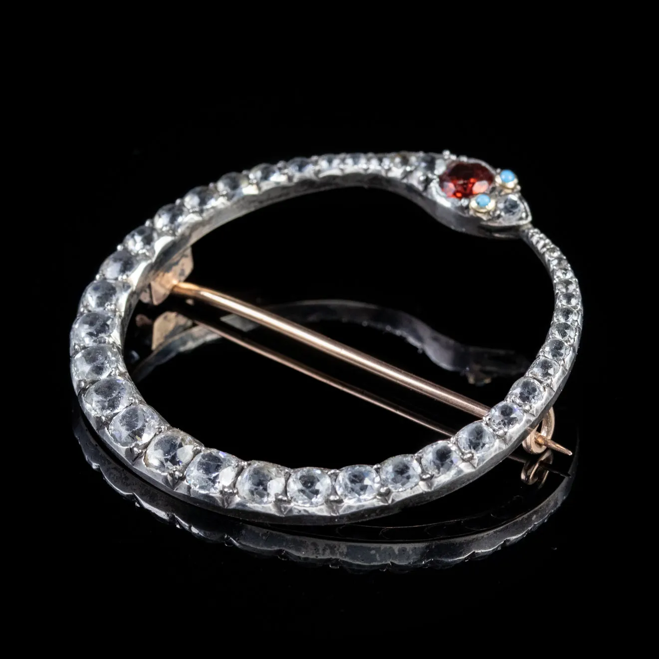 Antique Victorian Snake Brooch Silver Gold Fire Opal Paste Circa 1850