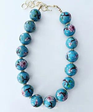 Aqua Blue Floral Chinoiserie Cloisonné Necklace