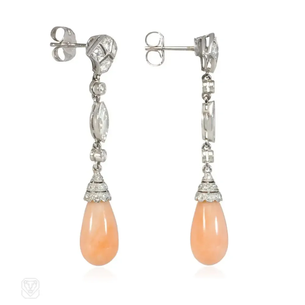 Art Deco diamond and angel skin coral earrings