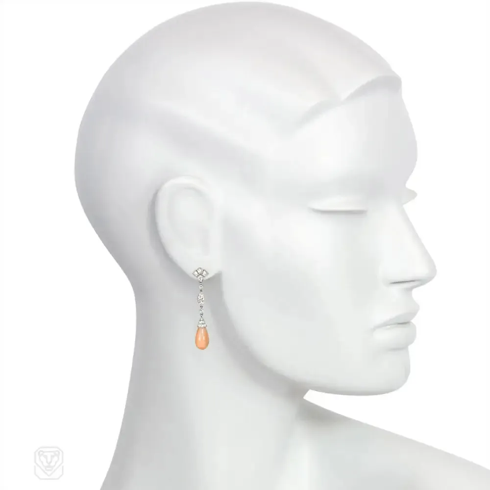 Art Deco diamond and angel skin coral earrings