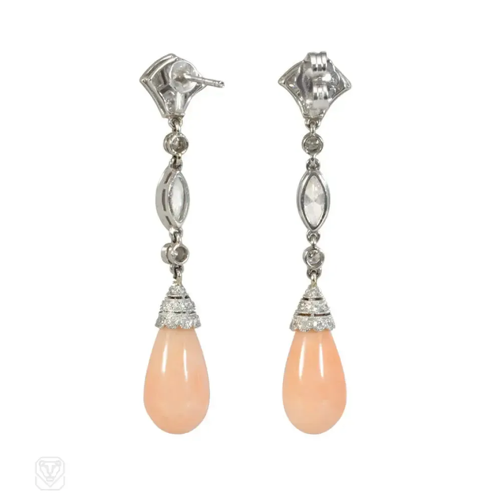 Art Deco diamond and angel skin coral earrings