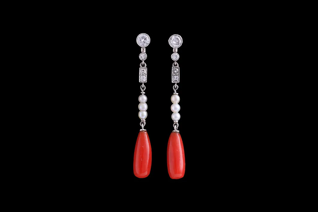 Art Deco Platinum Diamond, Coral and Pearl Drop Earrings