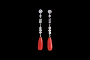 Art Deco Platinum Diamond, Coral and Pearl Drop Earrings