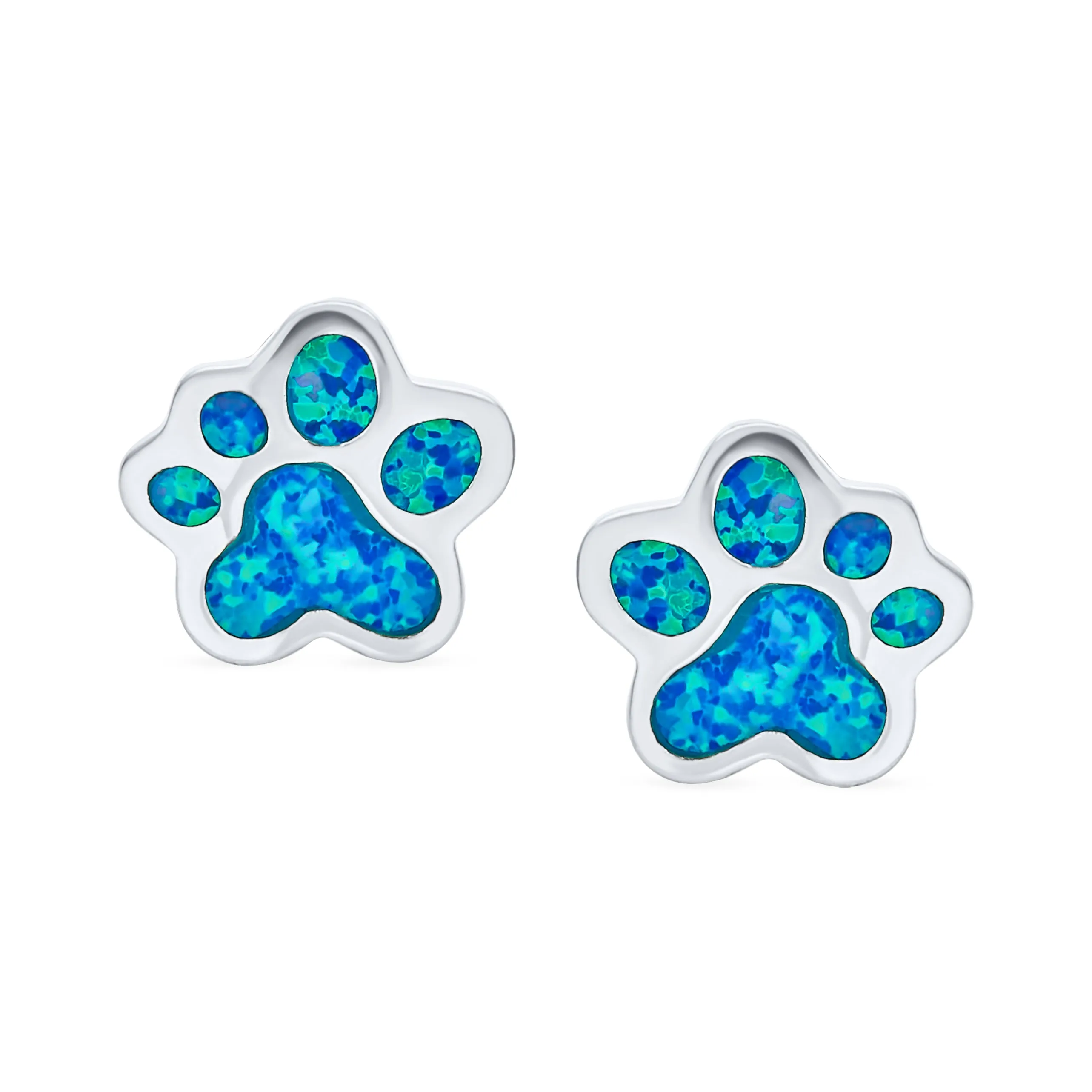 BFF Animal Lover Blue Gemstone Opal Cat Dog Paw Print Stud Earrings Silver