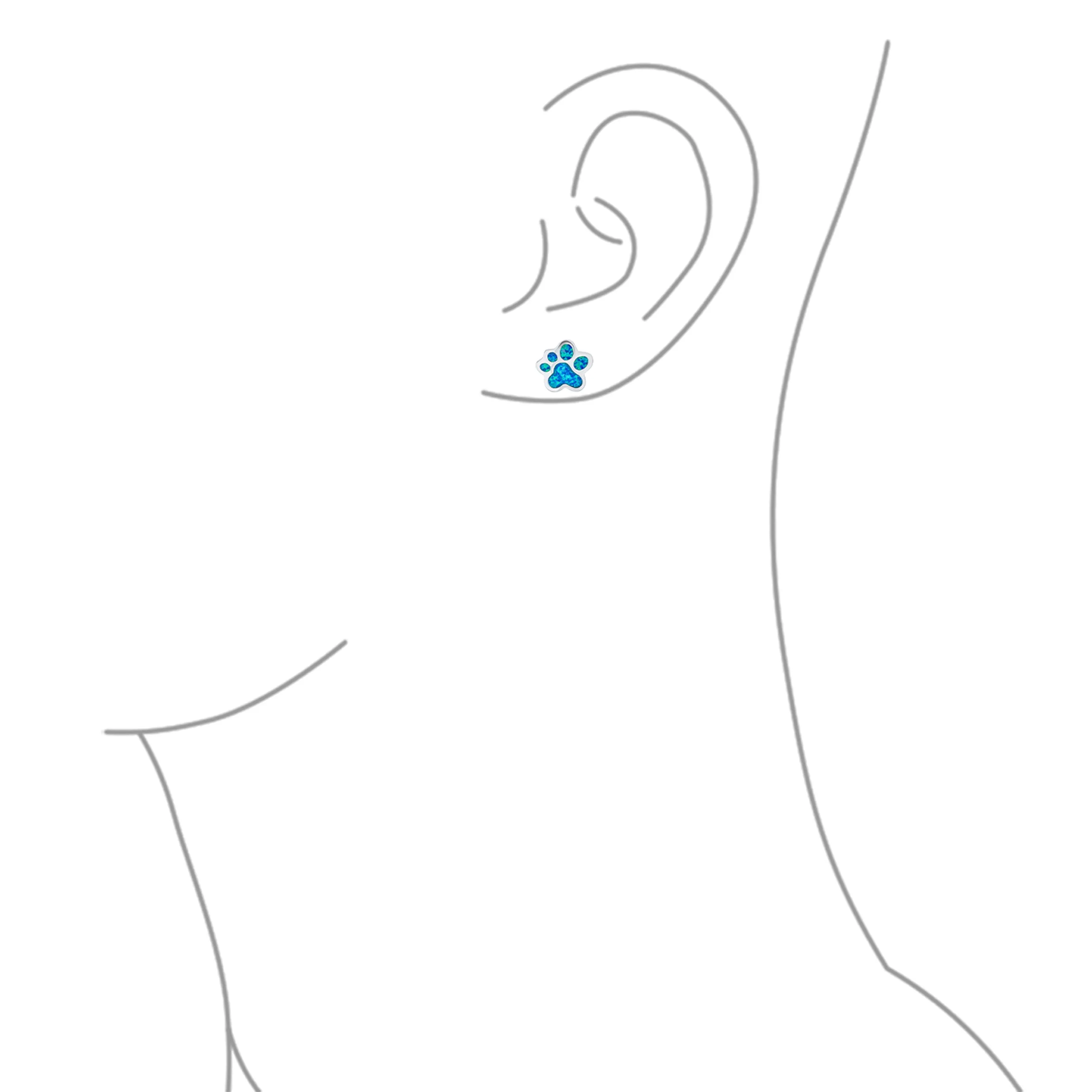 BFF Animal Lover Blue Gemstone Opal Cat Dog Paw Print Stud Earrings Silver