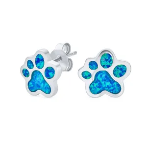 BFF Animal Lover Blue Gemstone Opal Cat Dog Paw Print Stud Earrings Silver