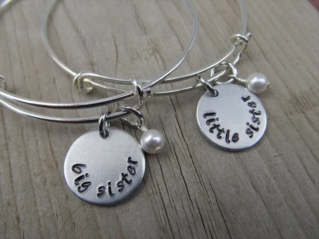 Big Sister and Little Sister Bracelet Set - hand-stamped "big sister" and "little sister" Bracelets- Hand-Stamped Bracelet  -Adjustable Bangle Bracelet