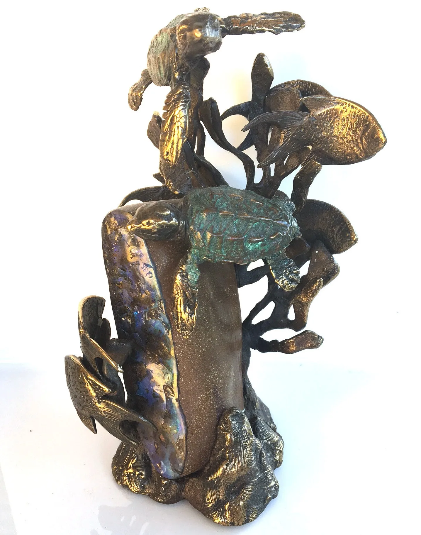 Blue Boulder Opal with Bronze Turtles and Fish