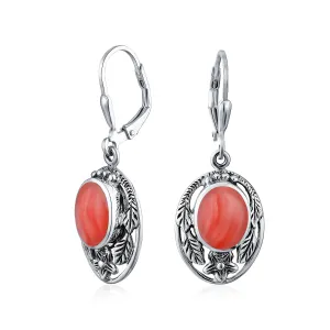 Boho Native American Dangle Gemstone Earrings with Turquoise and Coral Feathers