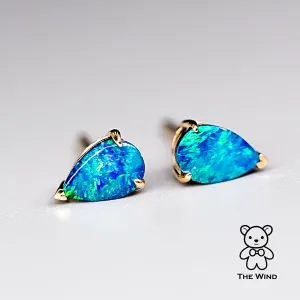 Bright Australian Doublet Opal Pear Shaped Stud Earrings 18K Yellow Gold