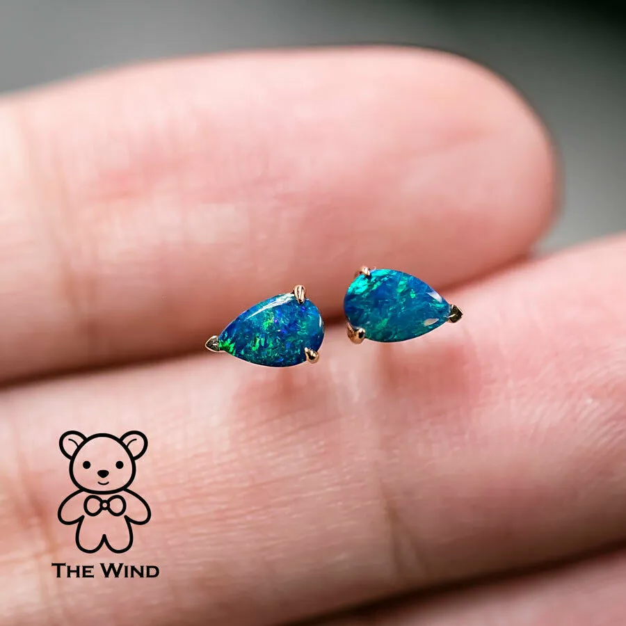 Bright Australian Doublet Opal Pear Shaped Stud Earrings 18K Yellow Gold