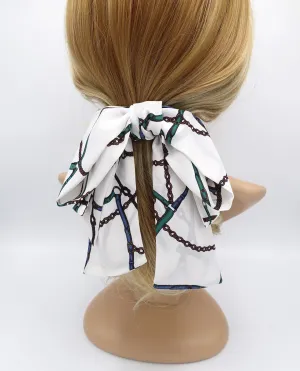 chain strap print chiffon hair bow big layered tail bow stylish hair accessory for women
