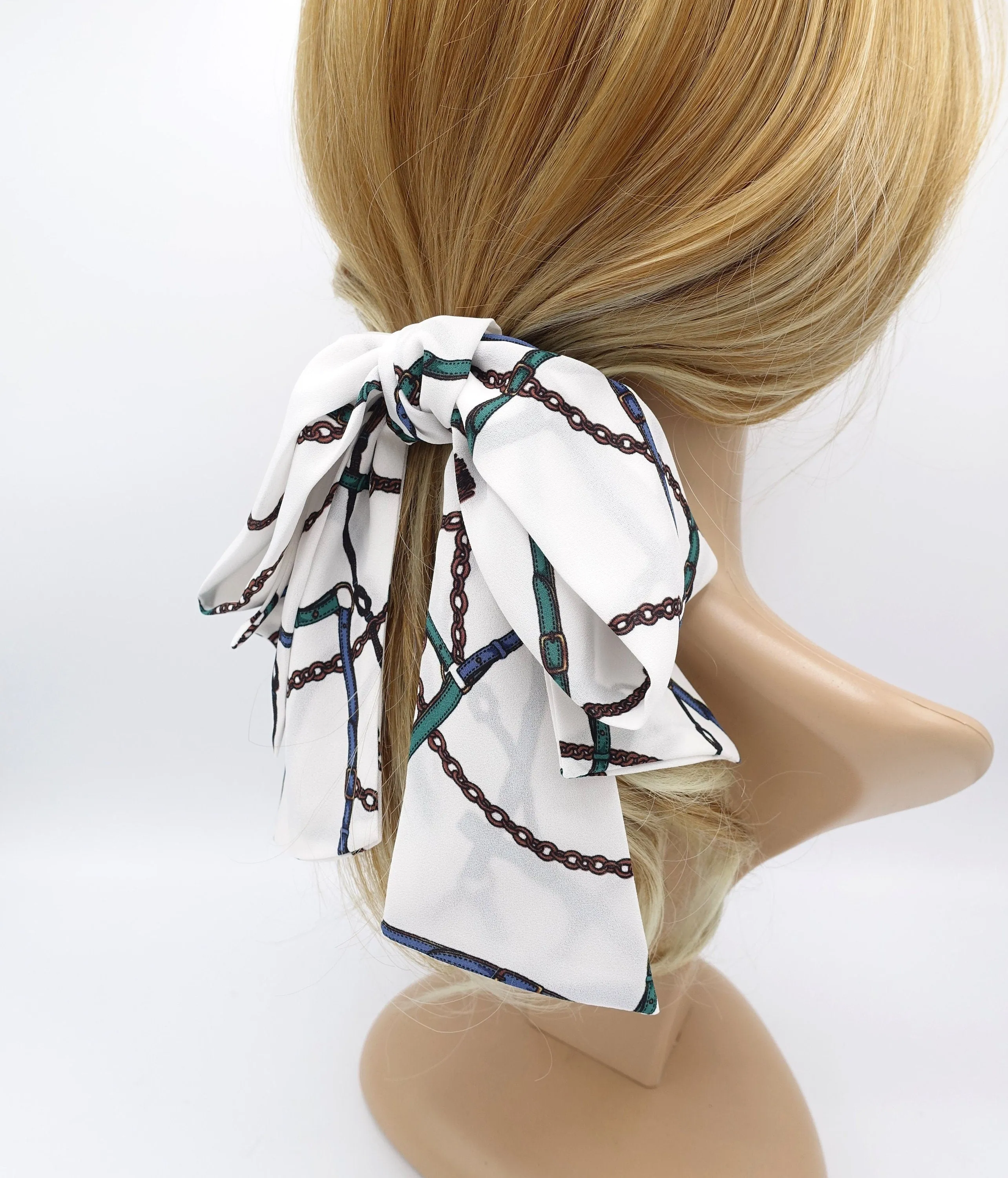 chain strap print chiffon hair bow big layered tail bow stylish hair accessory for women