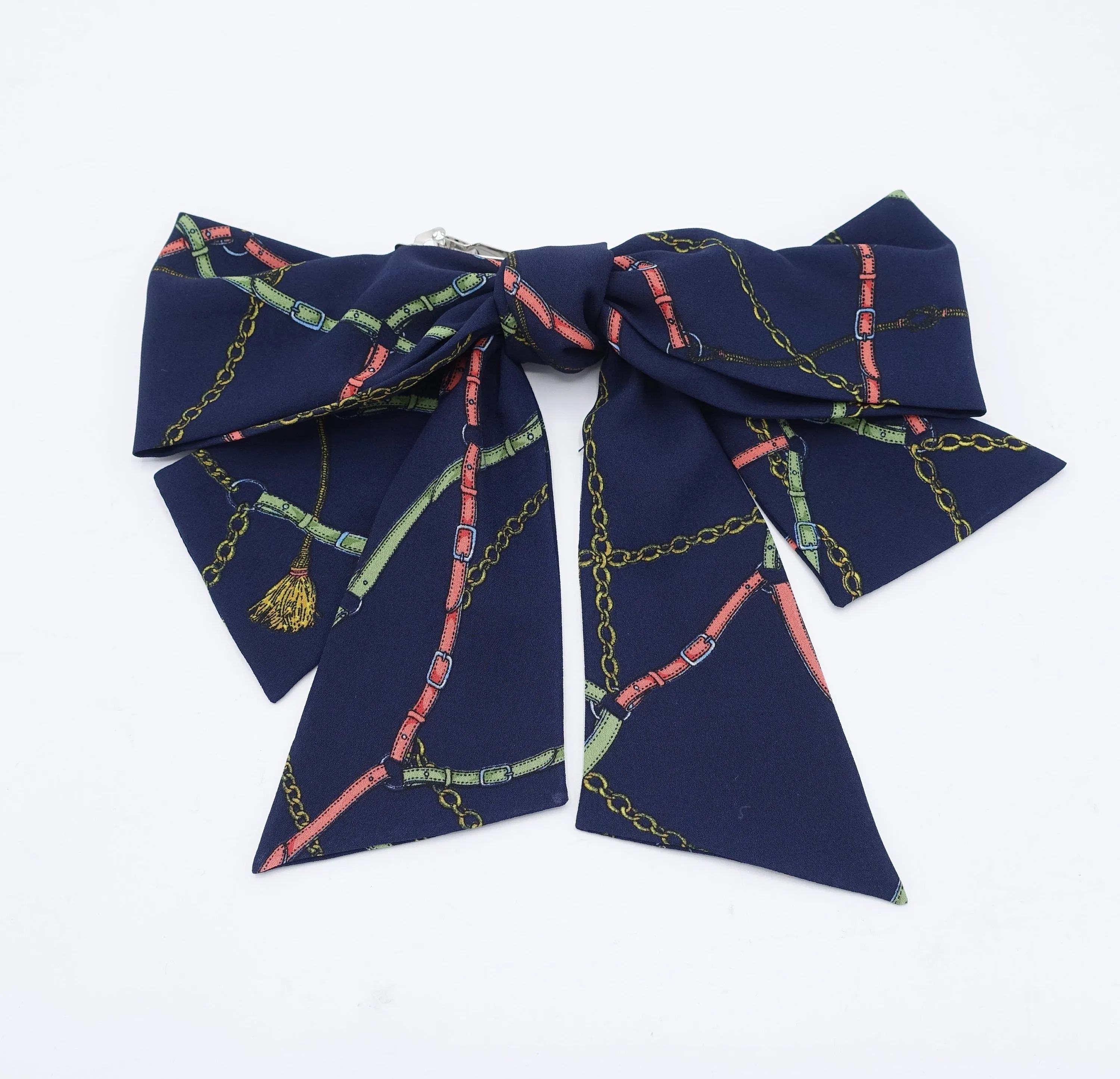 chain strap print chiffon hair bow big layered tail bow stylish hair accessory for women