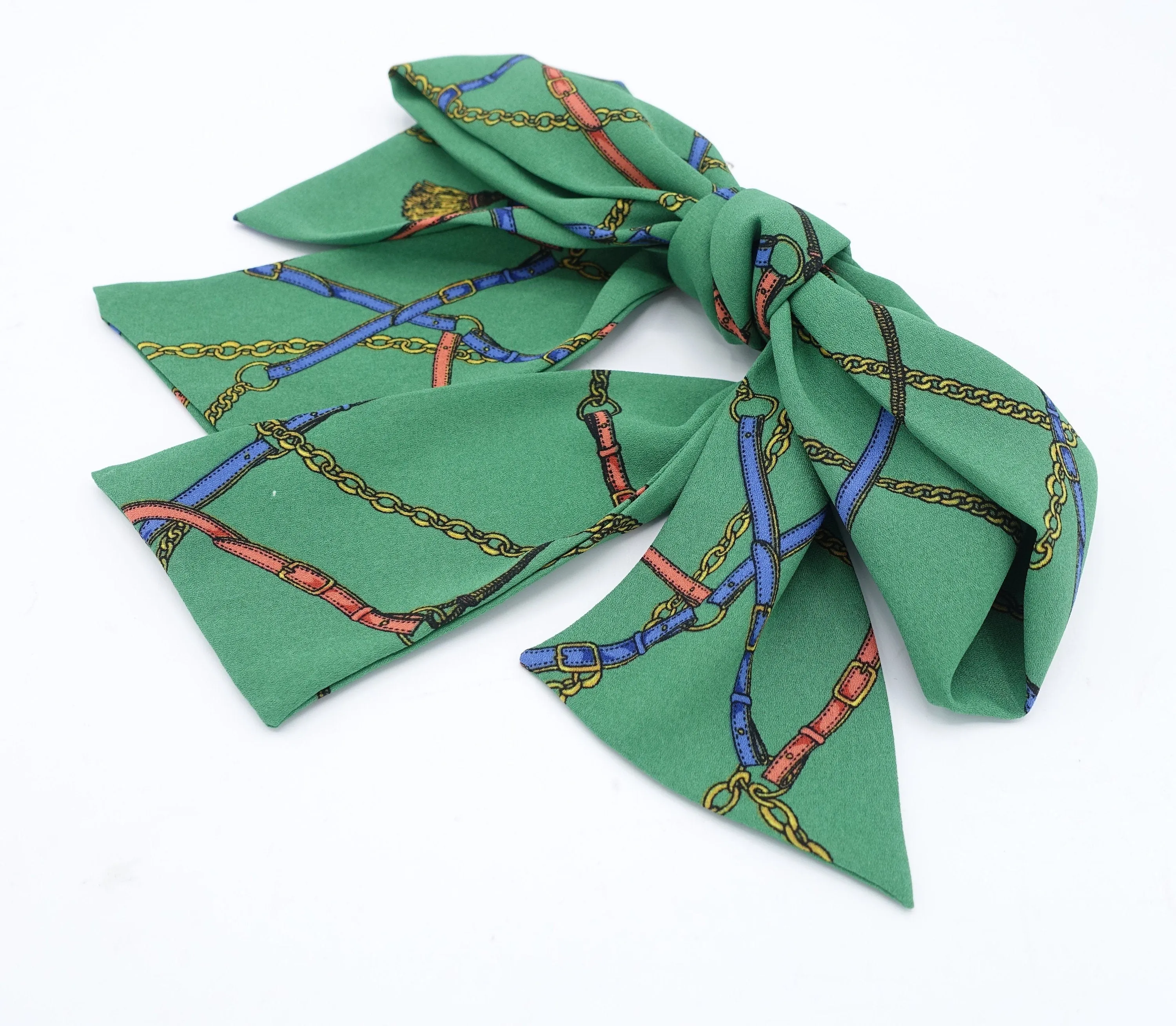 chain strap print chiffon hair bow big layered tail bow stylish hair accessory for women