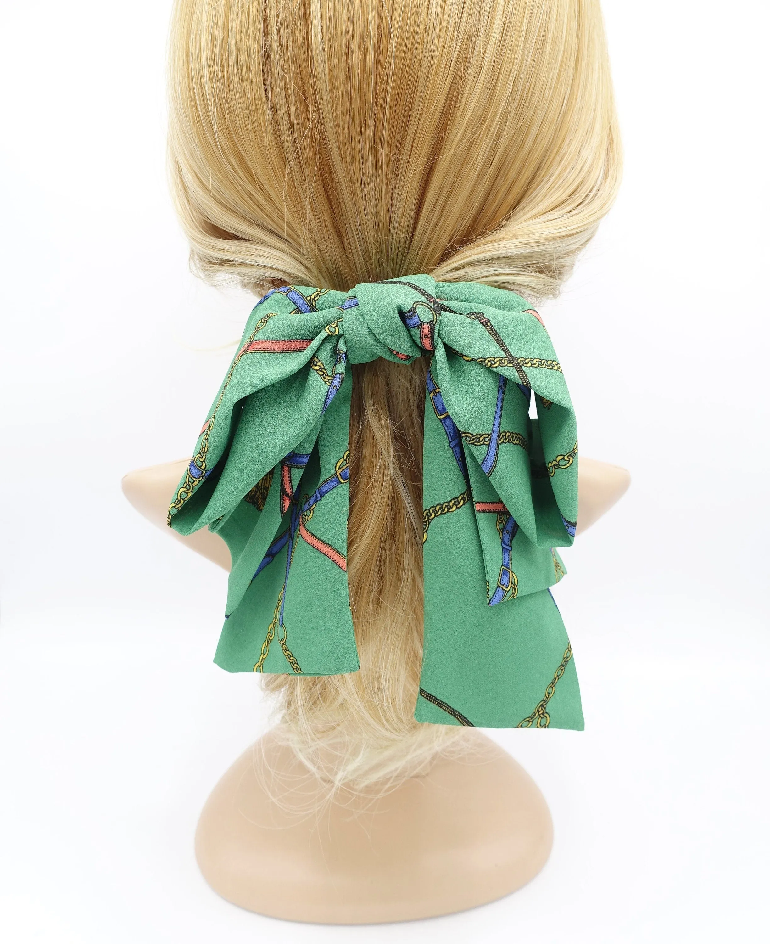 chain strap print chiffon hair bow big layered tail bow stylish hair accessory for women
