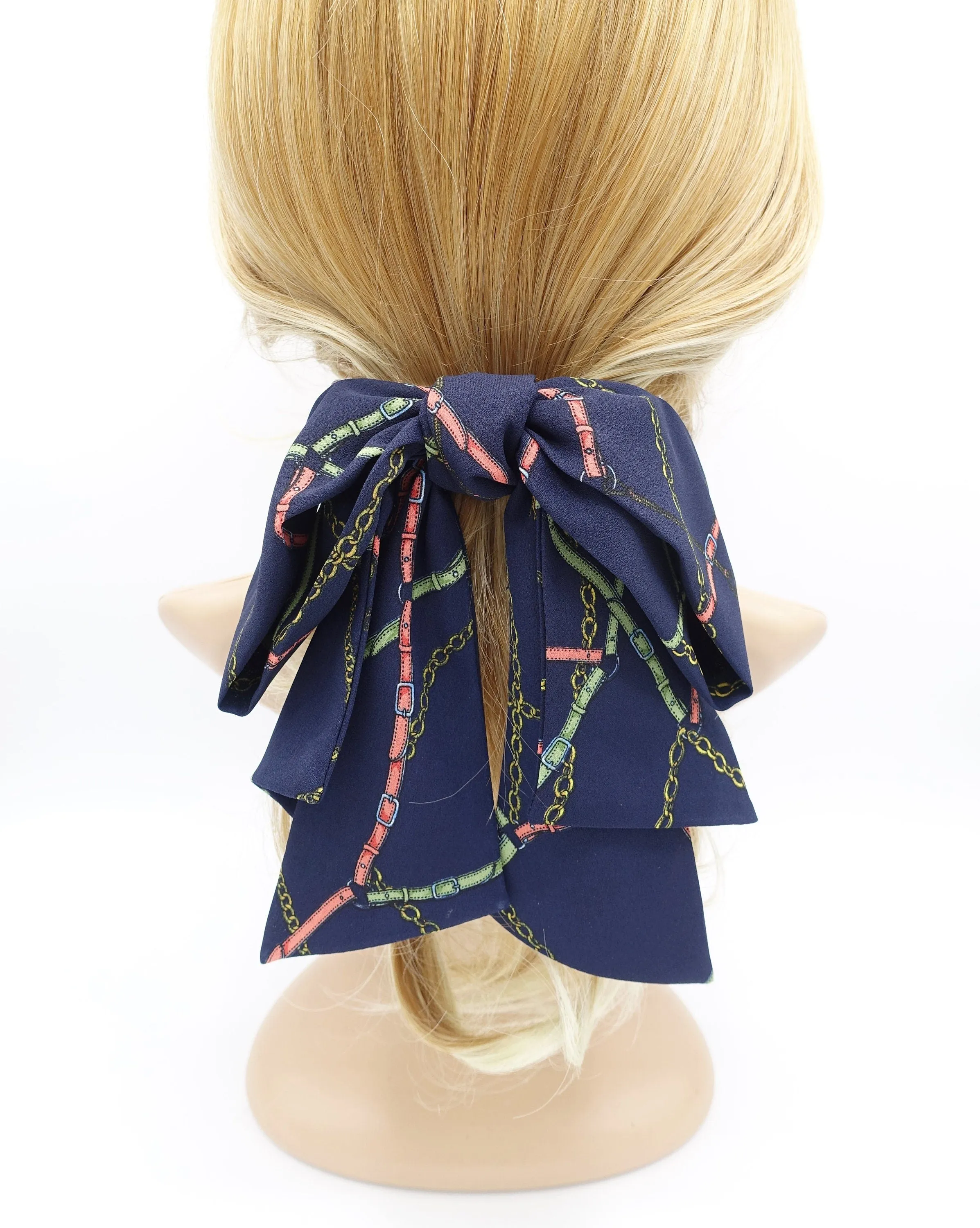 chain strap print chiffon hair bow big layered tail bow stylish hair accessory for women